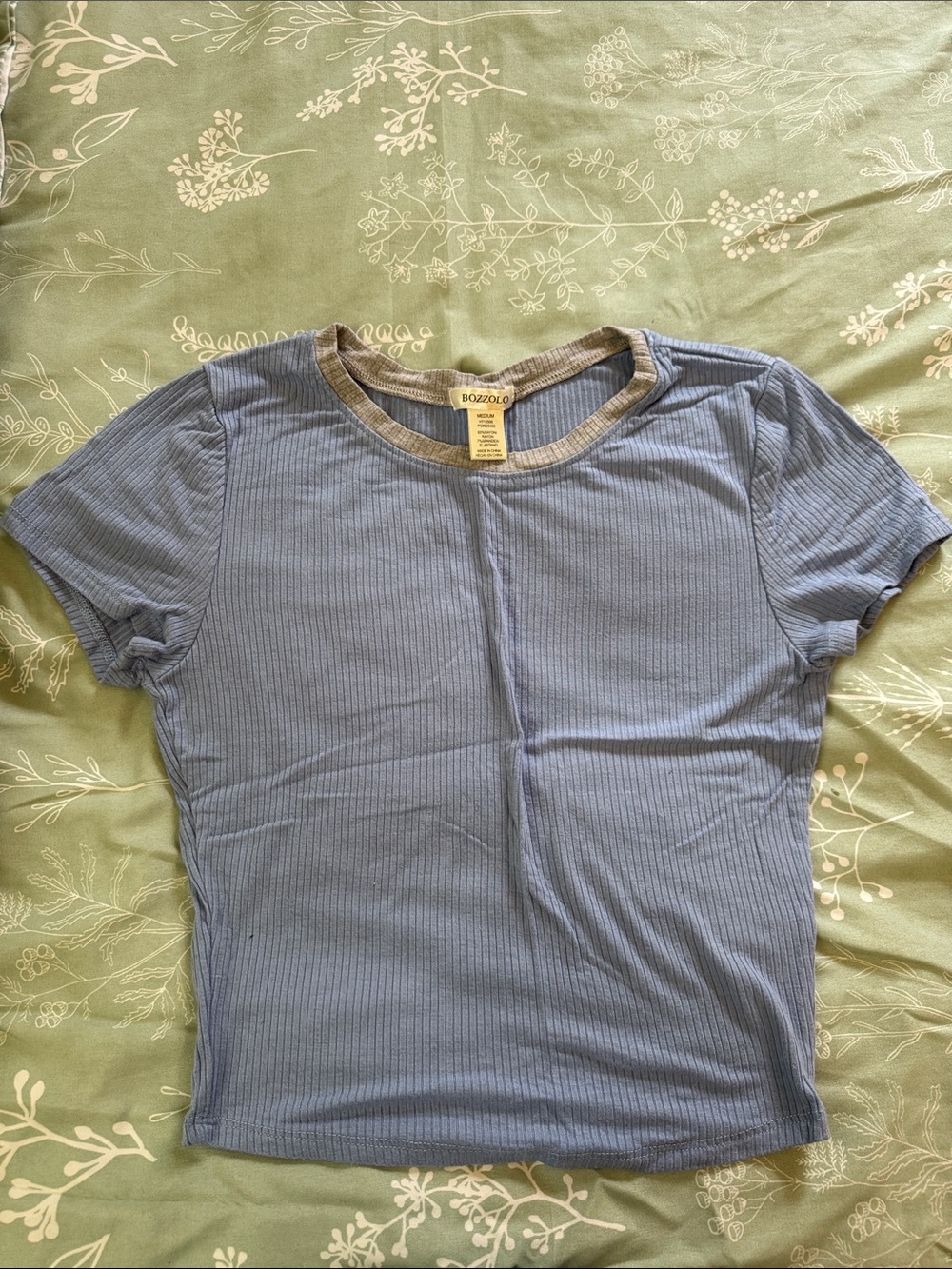 Bozzolo Light Blue Ribbed Short Sleeve Tee with Contrast Neck
